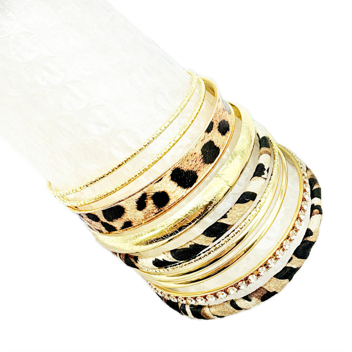 Leopard Print Rhinestone Multi-layer Stackable Bracelet Set