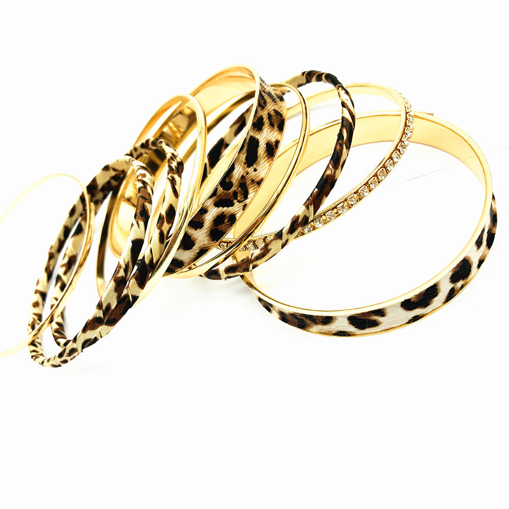 Leopard Print Rhinestone Multi-layer Stackable Bracelet Set