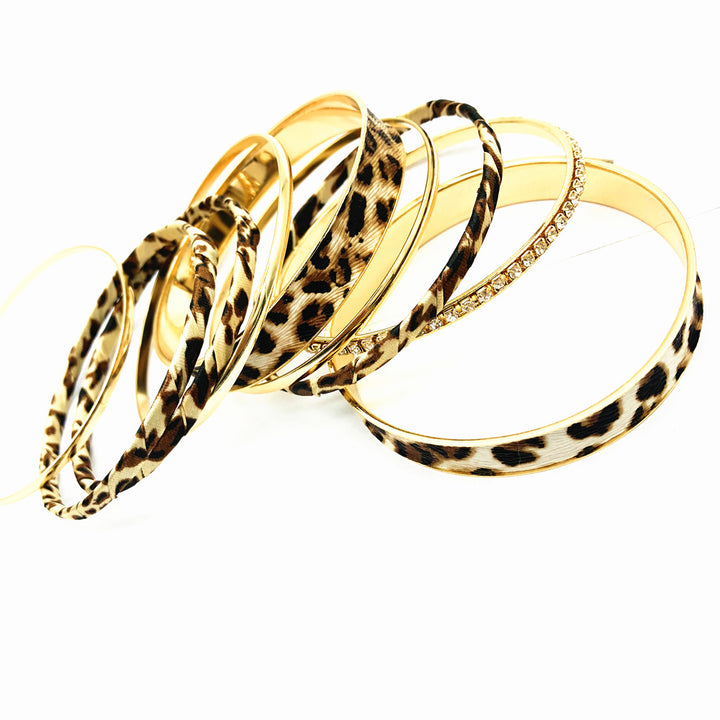 Leopard Print Rhinestone Multi-layer Stackable Bracelet Set