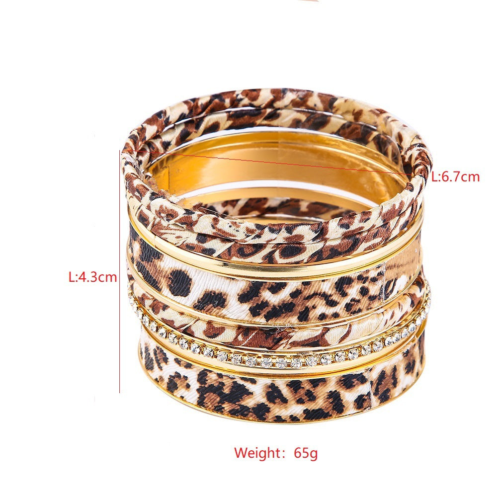 Leopard Print Rhinestone Multi-layer Stackable Bracelet Set