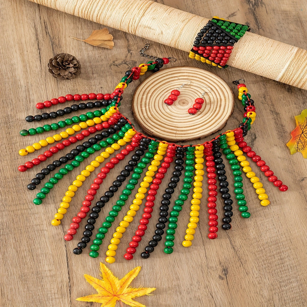 Reggae-Inspired Colorful Multi-layer Braided Choker & Earring Set-Long Set