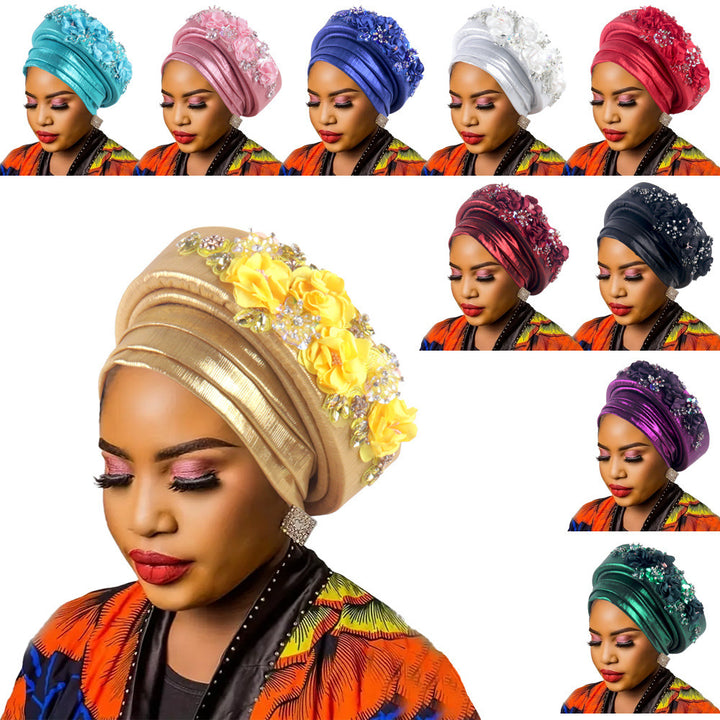 High-Quality Diamond Floral African Turban Hat