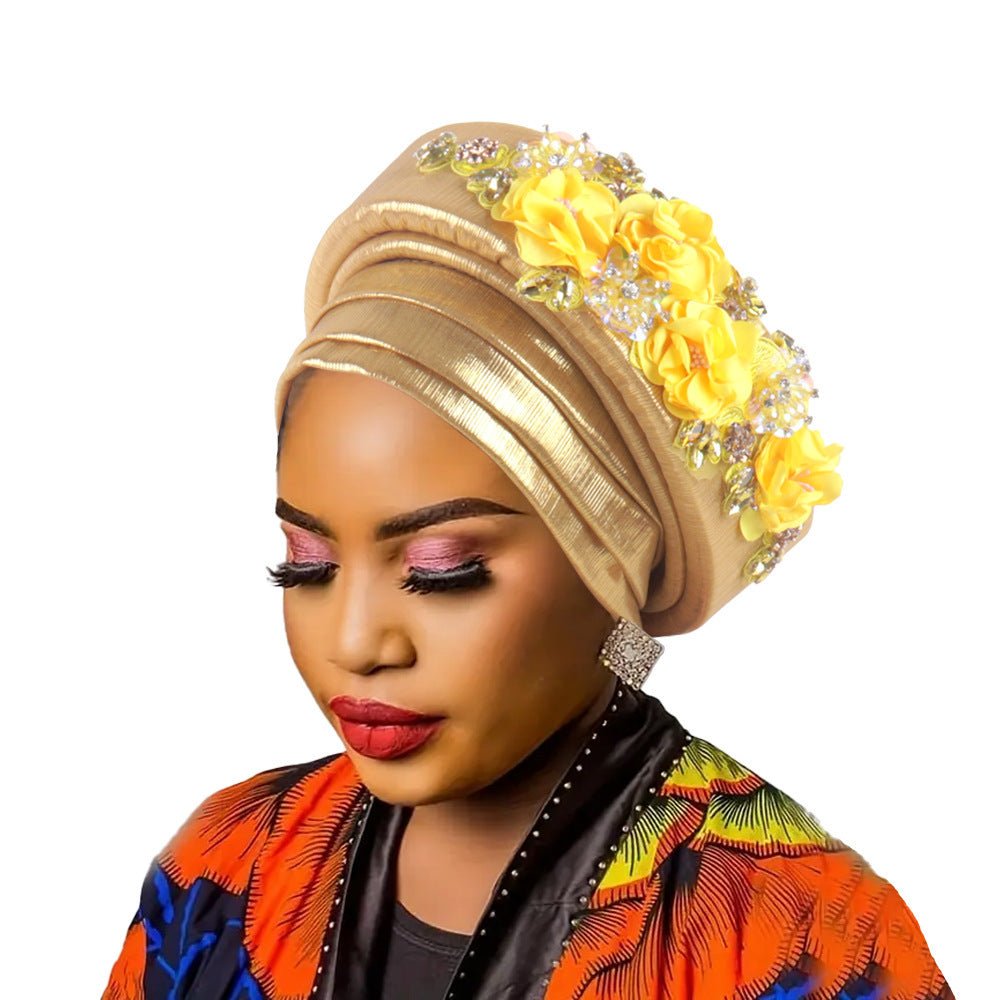 High-Quality Diamond Floral African Turban Hat