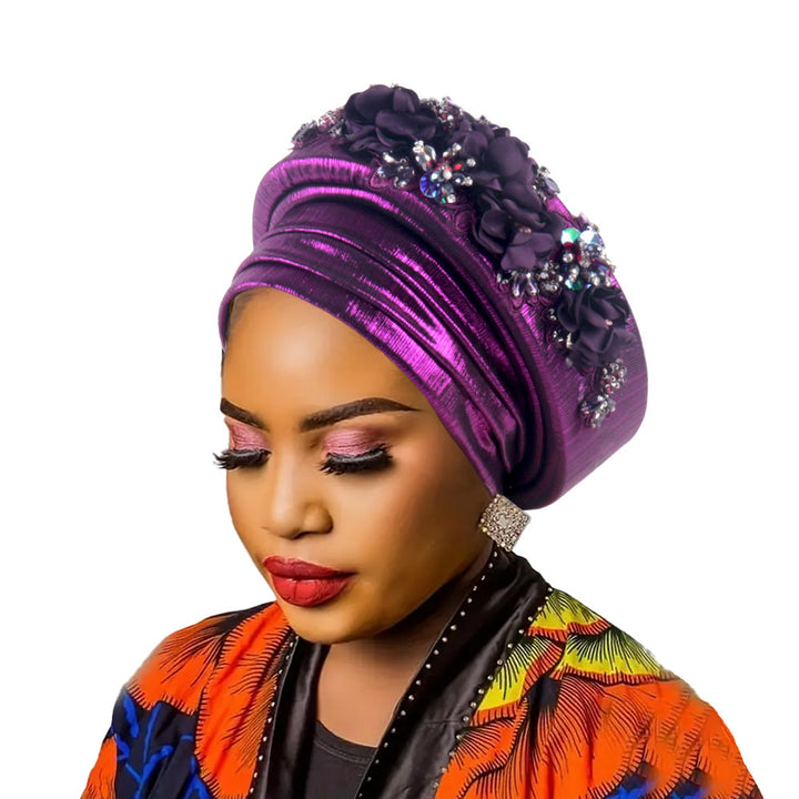 High-Quality Diamond Floral African Turban Hat