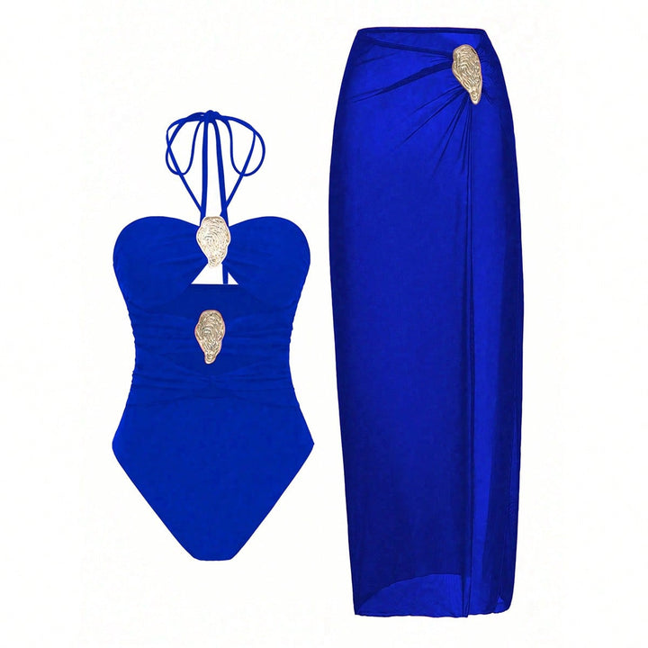 Women's Neck Swimsuit Hot Spring Wrap Dress Set