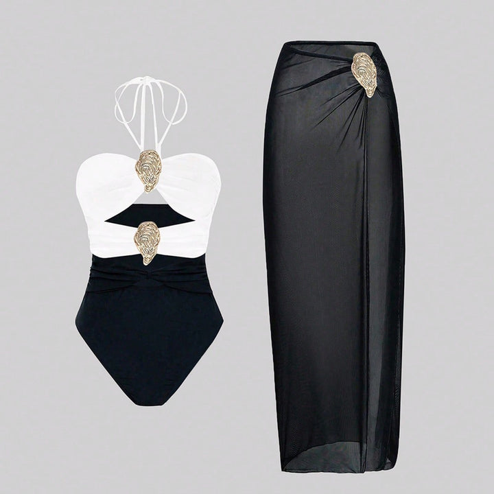 Women's Neck Swimsuit Hot Spring Wrap Dress Set