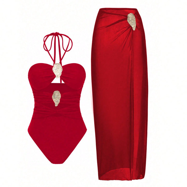 Women's Neck Swimsuit Hot Spring Wrap Dress Set