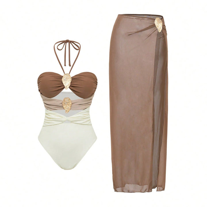 Women's Neck Swimsuit Hot Spring Wrap Dress Set