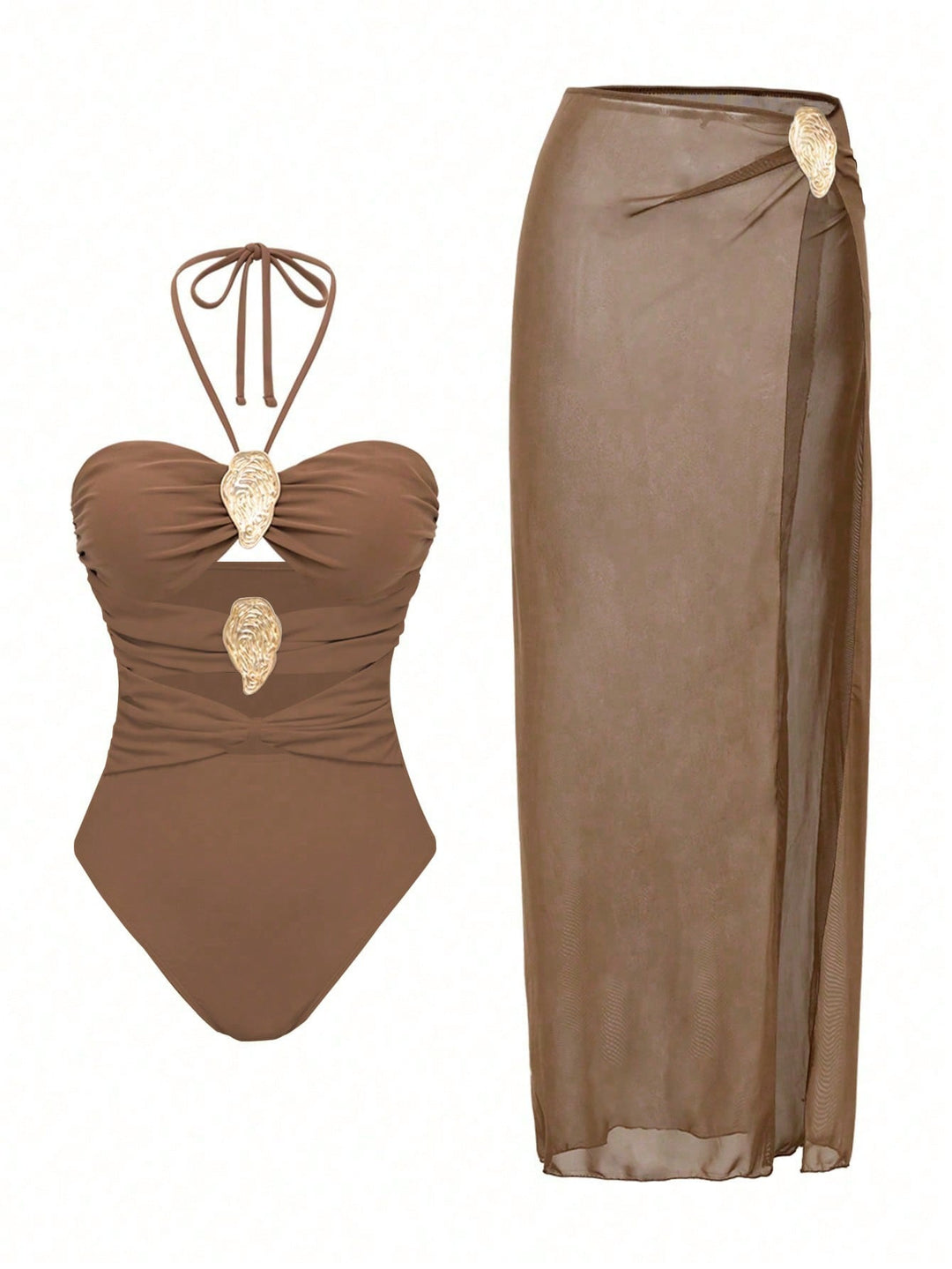 Women's Neck Swimsuit Hot Spring Wrap Dress Set