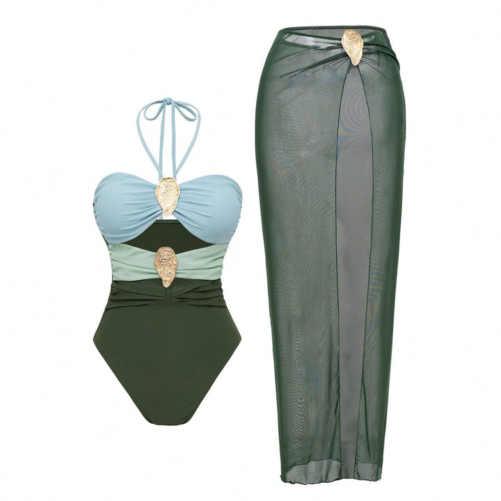 Women's Neck Swimsuit Hot Spring Wrap Dress Set