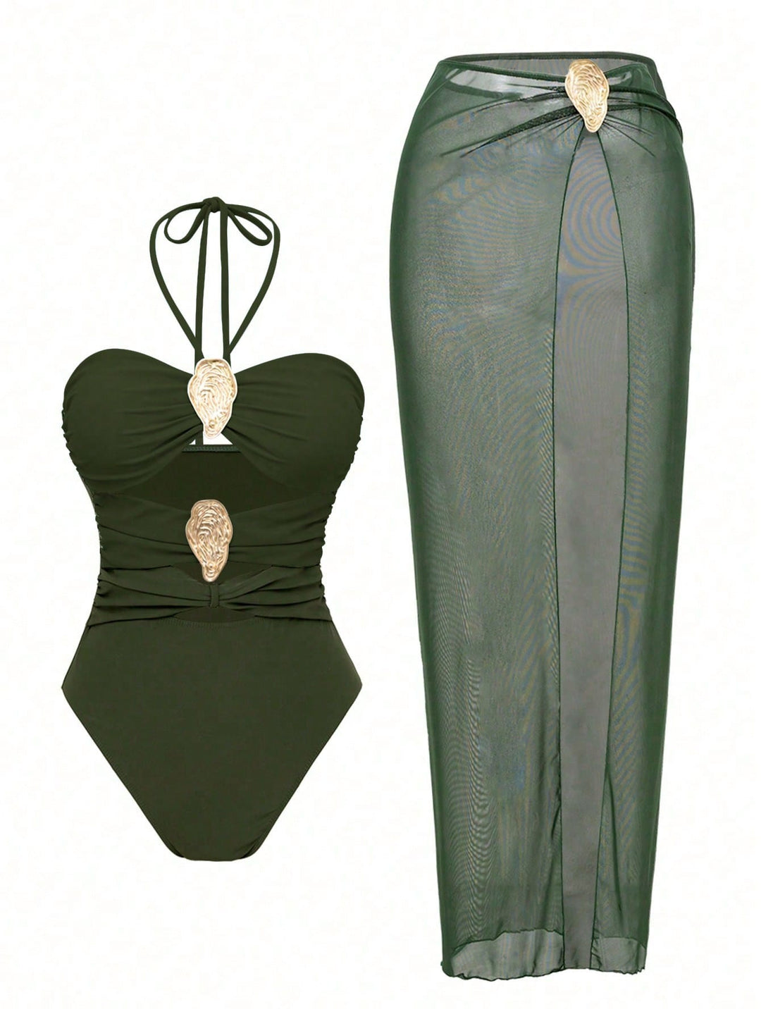 Women's Neck Swimsuit Hot Spring Wrap Dress Set