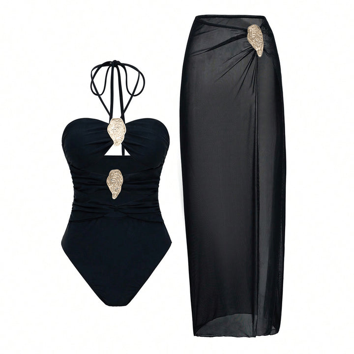 Women's Neck Swimsuit Hot Spring Wrap Dress Set