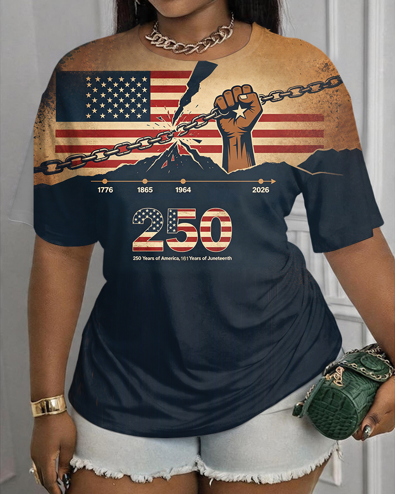 American Flag 250 Anniversary Juneteenth Print Crewneck Short Sleeve Tee