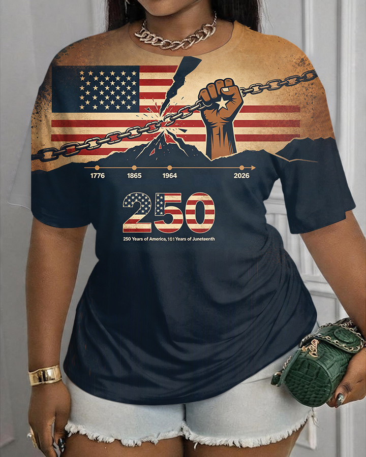 American Flag 250 Anniversary Juneteenth Print Crewneck Short Sleeve Tee