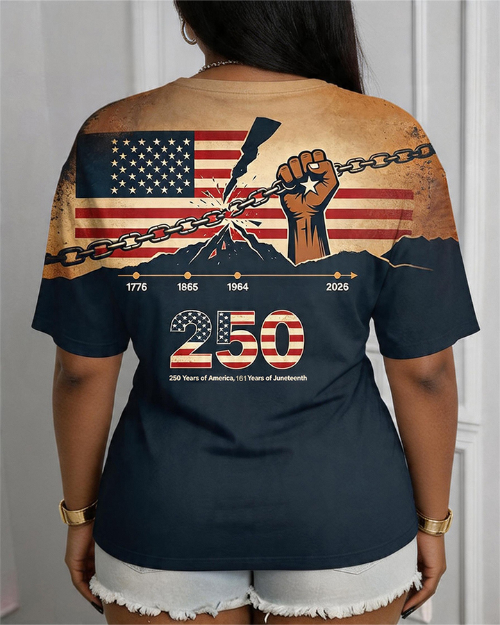 American Flag 250 Anniversary Juneteenth Print Crewneck Short Sleeve Tee