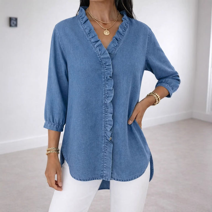 Faux Denim V-Neck Ruffle Trim Blouse