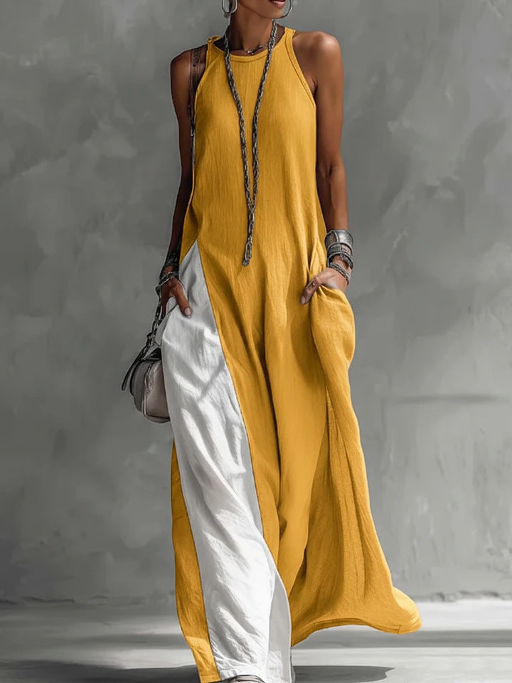 Sleeveless Loose-fitting Pocket Color-blocked Casual Off-shoulder Dress