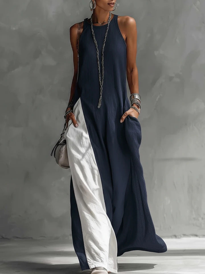 Sleeveless Loose-fitting Pocket Color-blocked Casual Off-shoulder Dress