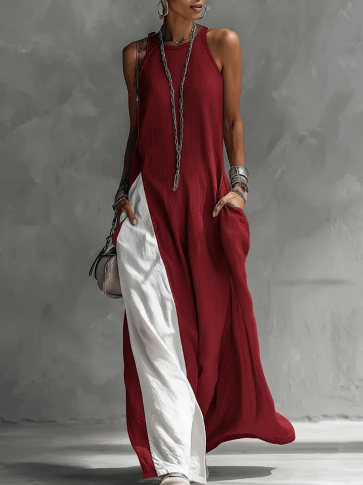 Sleeveless Loose-fitting Pocket Color-blocked Casual Off-shoulder Dress