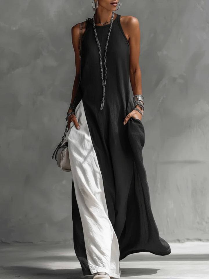 Sleeveless Loose-fitting Pocket Color-blocked Casual Off-shoulder Dress