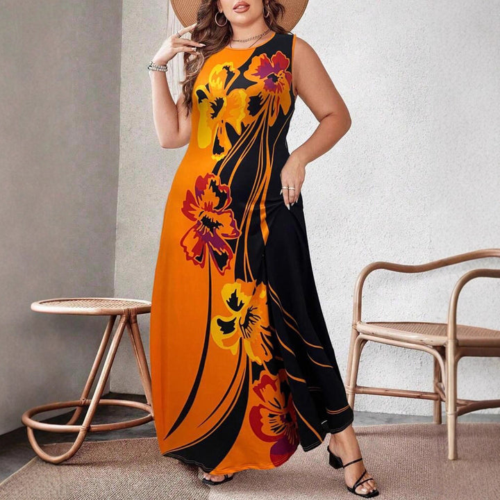 XL-5XL Plus Size Women's Bohemian Floral Sleeveless Long Dress