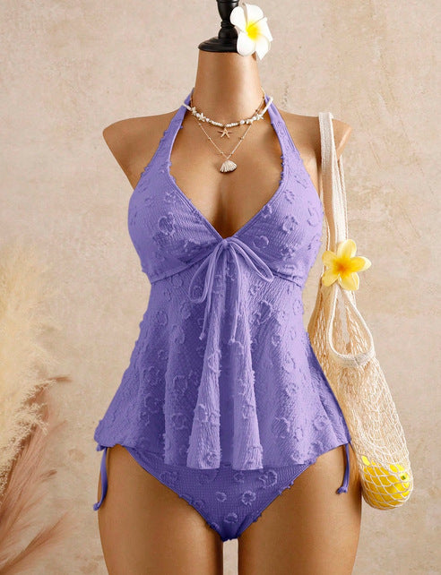 Lace Halter Neck Tie Ruffle Two-piece Swimsuit