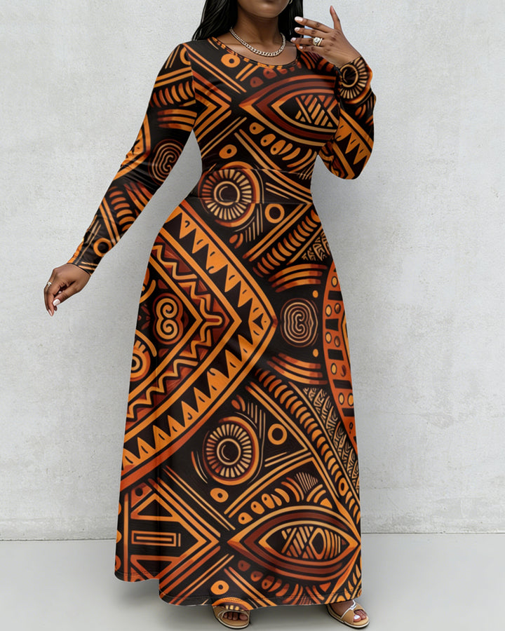 Abstract African Symbols Print Crewneck Long Sleeve Pocket Dress