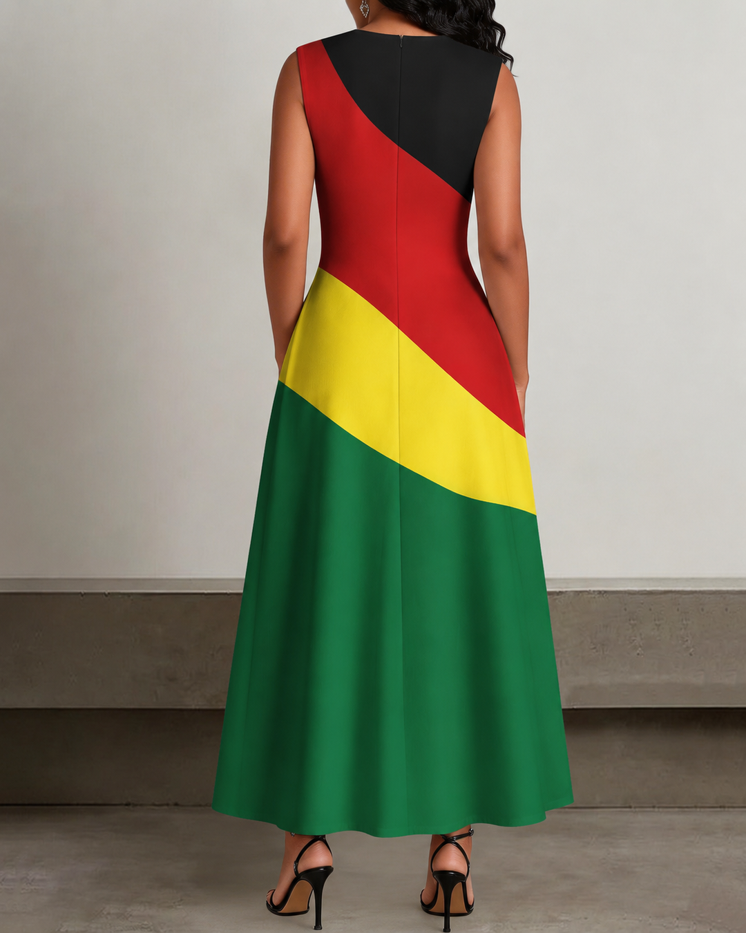 Reggae‑Colored Headwrap Afro Woman Sleeveless Pockets Maxi Dress