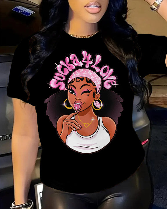 Sweet Balck Girl Cartoon Crew Neck Short Sleeve Cotton T-Shirt