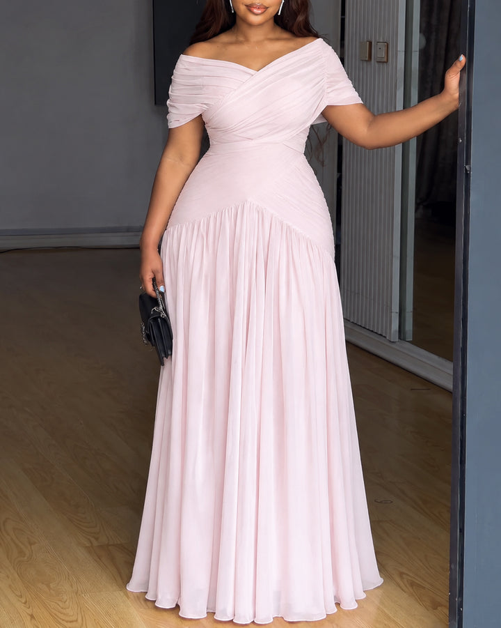 Women Off The Shoulder Ruched V Neck Chiffon Maxi Dress