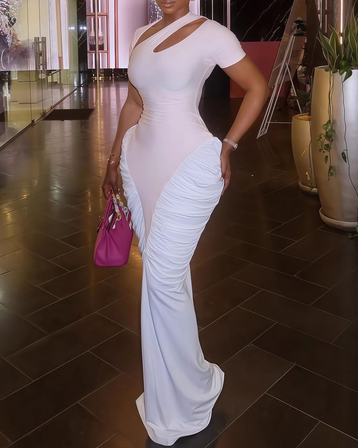 Women's Cutout Shoulder Short Sleeve  Ruched Side Bodycon Maxi Dress