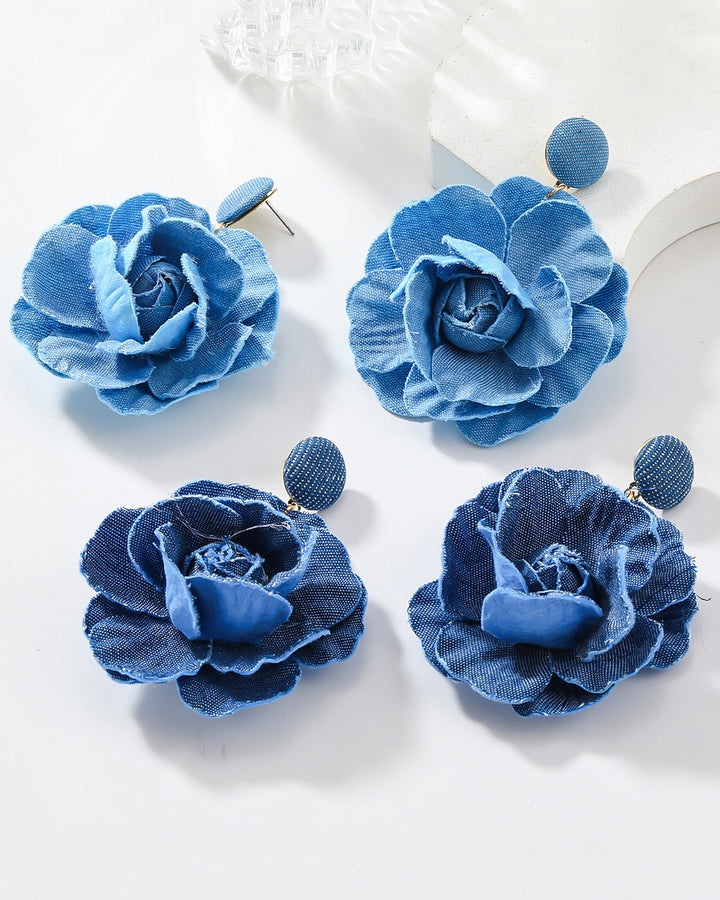 Trendy Denim Blue Rose Earrings