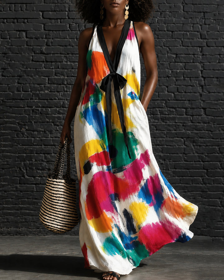 Irregular Colored Oil Painting V-Neck Bow Tie Strap Flared Maxi Dress
