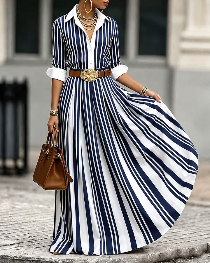 A-Line Loose Buttoned Contrast Color No Belt Striped Lapel Maxi Dresses