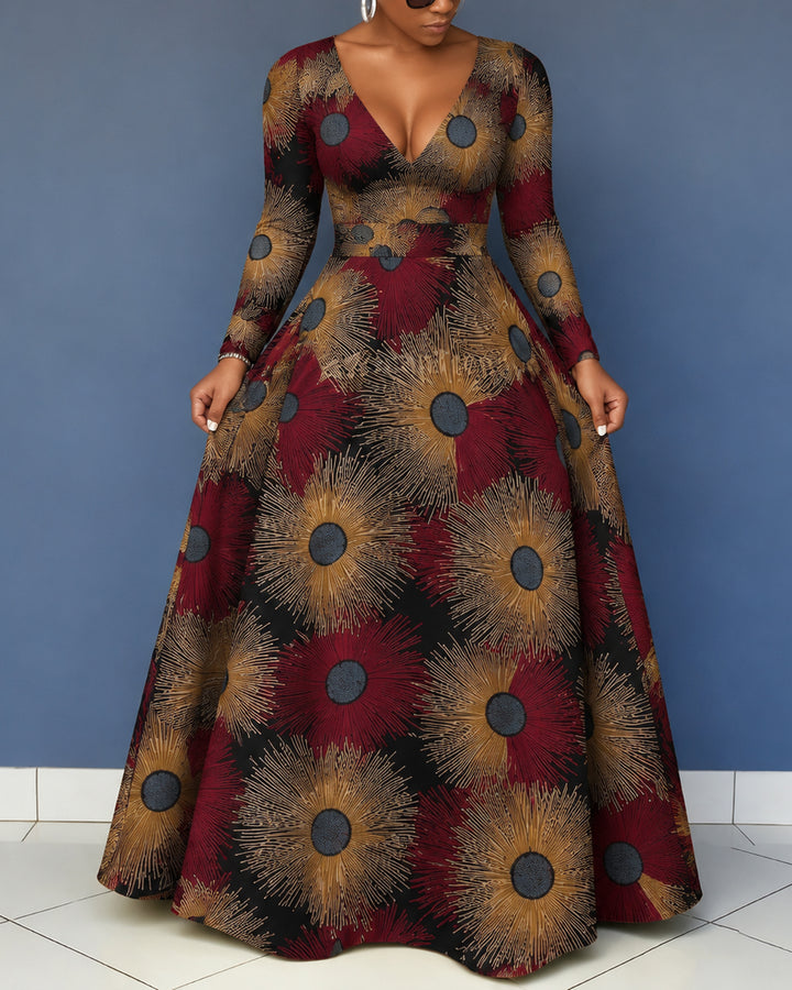 Women's African Ankara Print V Neck Long Sleeve Maxi Dress