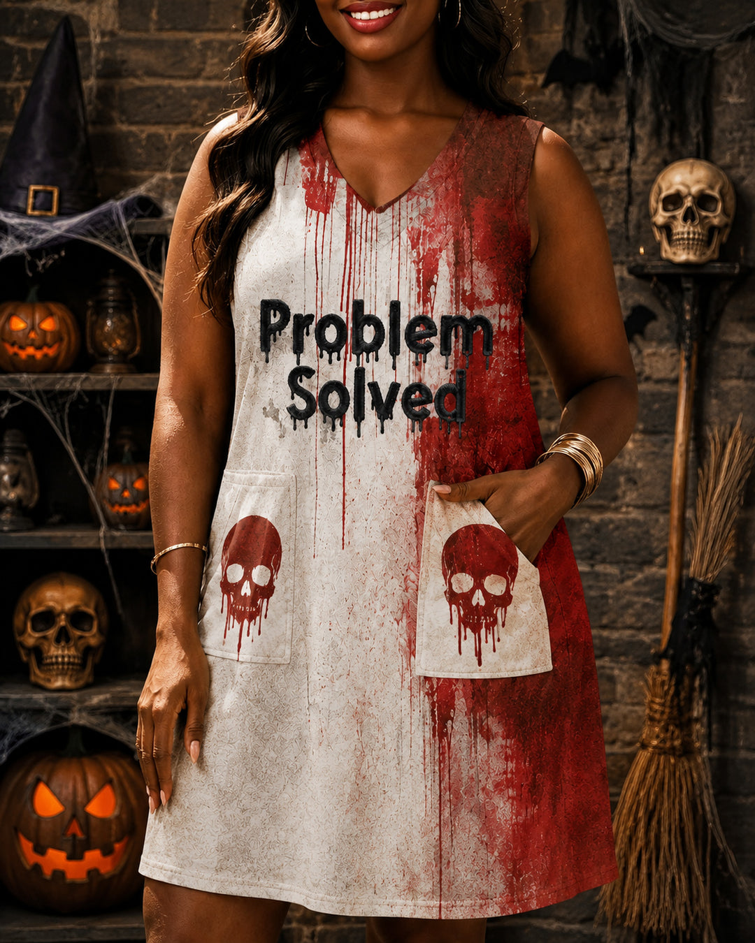Blood Problem Solved Halloween Print Sleeveless Pocket Mini Dress