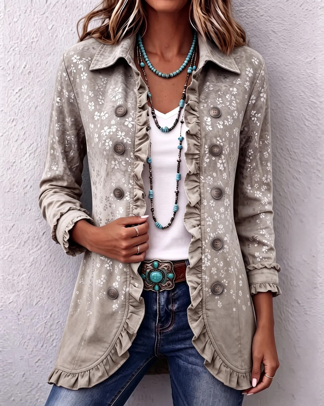 Vintage Leopard Gradient Print Linen Blend Ruffle Jacket