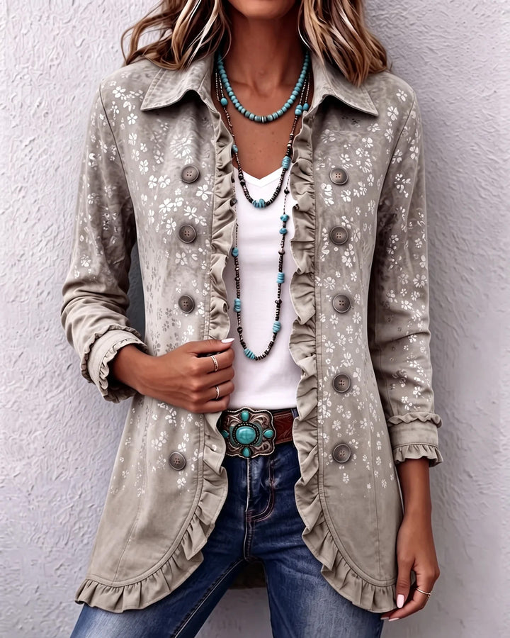 Vintage Leopard Gradient Print Linen Blend Ruffle Jacket