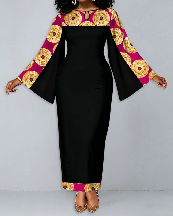Ankara Yellow Polka Dot Print Patchwork Round Neck Bell Sleeve Bodycon Long Dress
