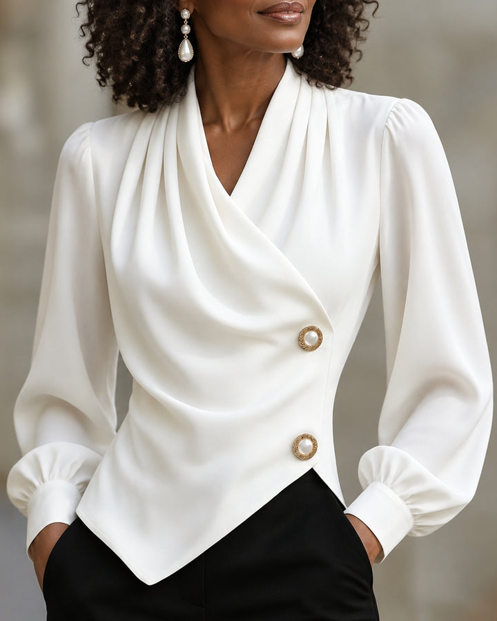 Women's Elegant Satin Draped Wrap V Neck Puff Long Sleeve Blouse