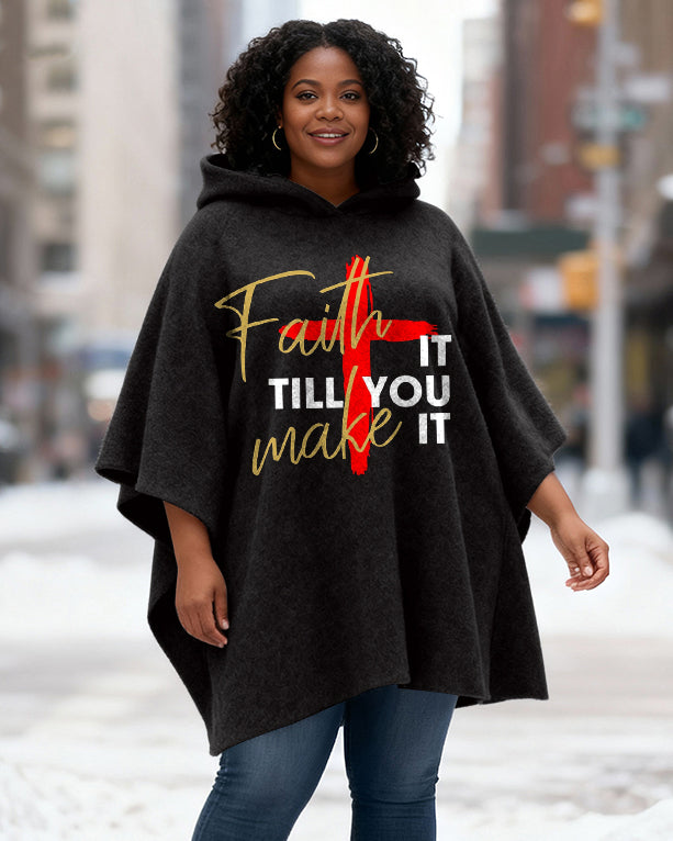 Faith it Till You Make it Print Fleece Hooded Loose Cape