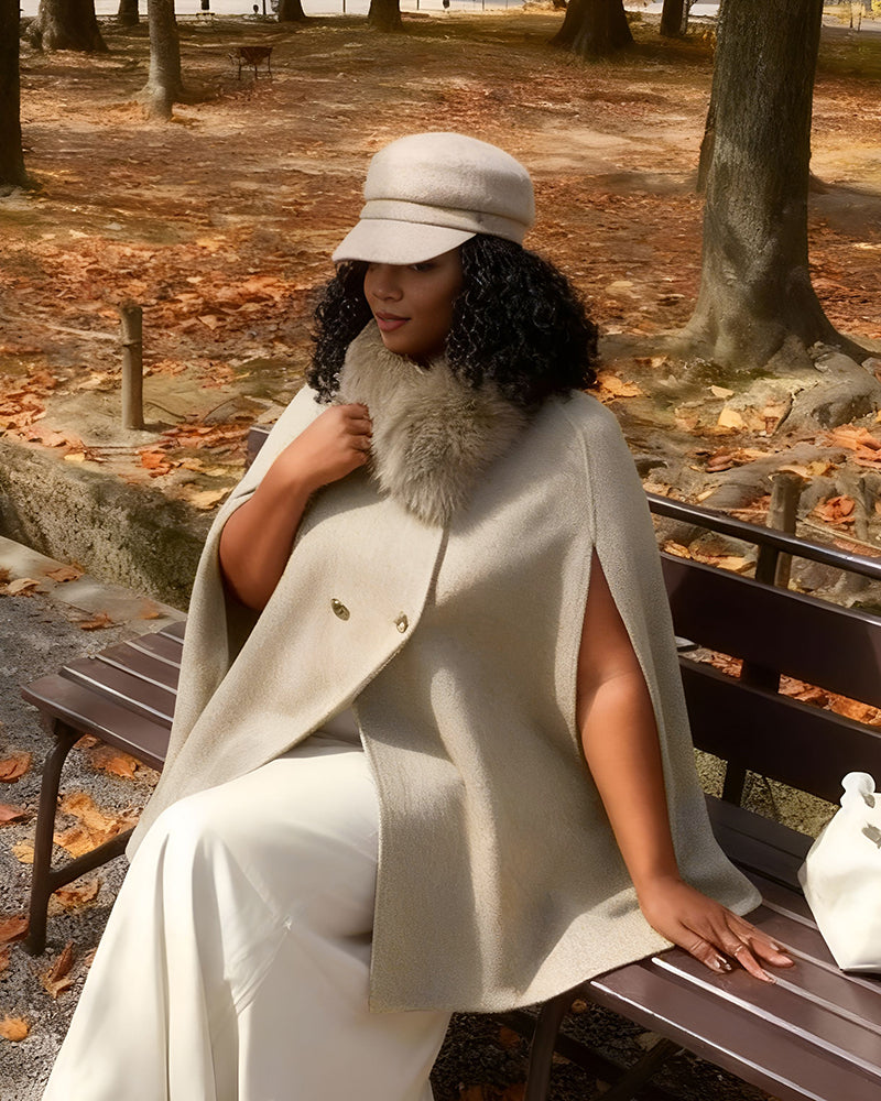 Fur-collared Batwing Sleeve Cape Coat