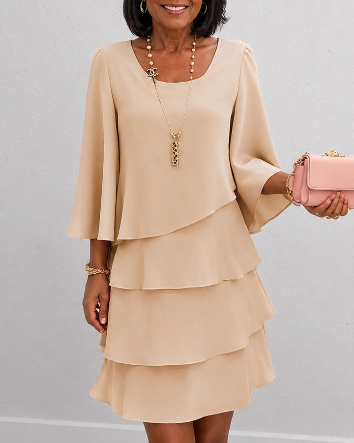 Round Neck Three-quarter Sleeves Elegant Layered Ruffle Dress
