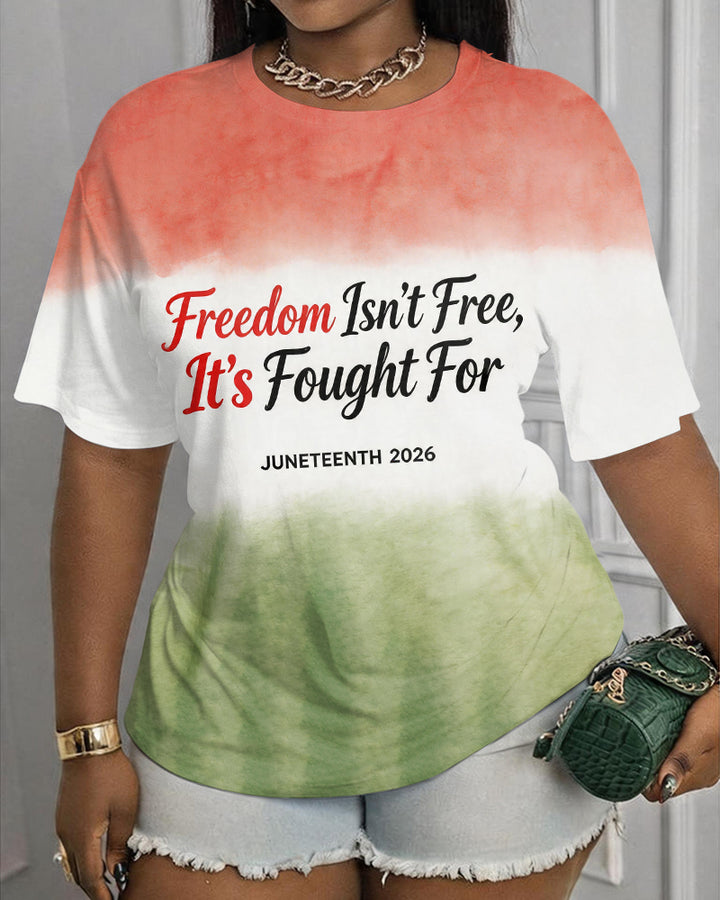 Red, Yellow And Green Gradient Juneteenth 2026 Free Theme Printed Round Neck Short Sleeve T-shirt