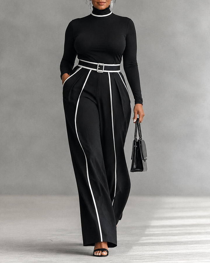 Women's 2 Piece Outfit Minimalist Cropped Turtleneck Top+High-waisted Striped Wide-leg Trousers