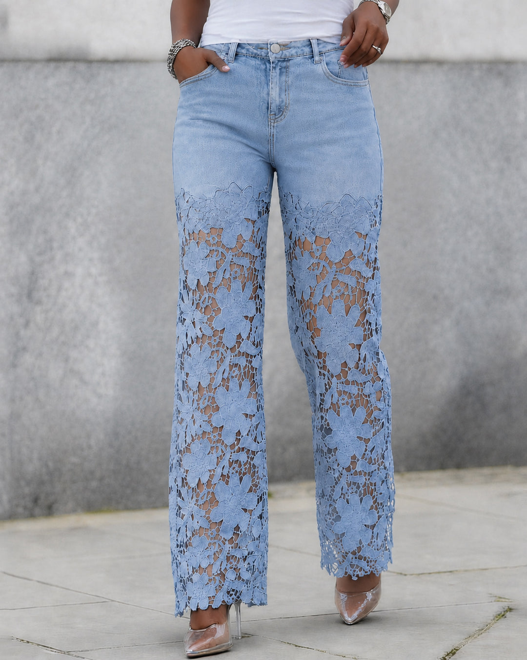 High Waist Lace Spliced Wide Leg Jeans