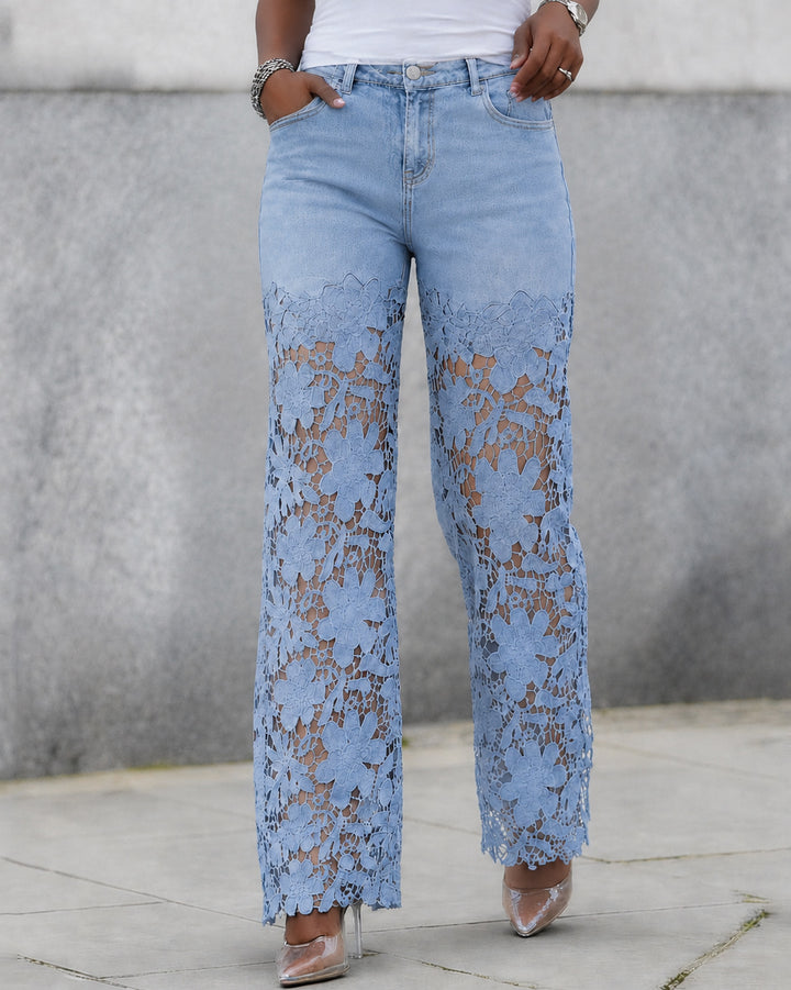 High Waist Lace Spliced Wide Leg Jeans