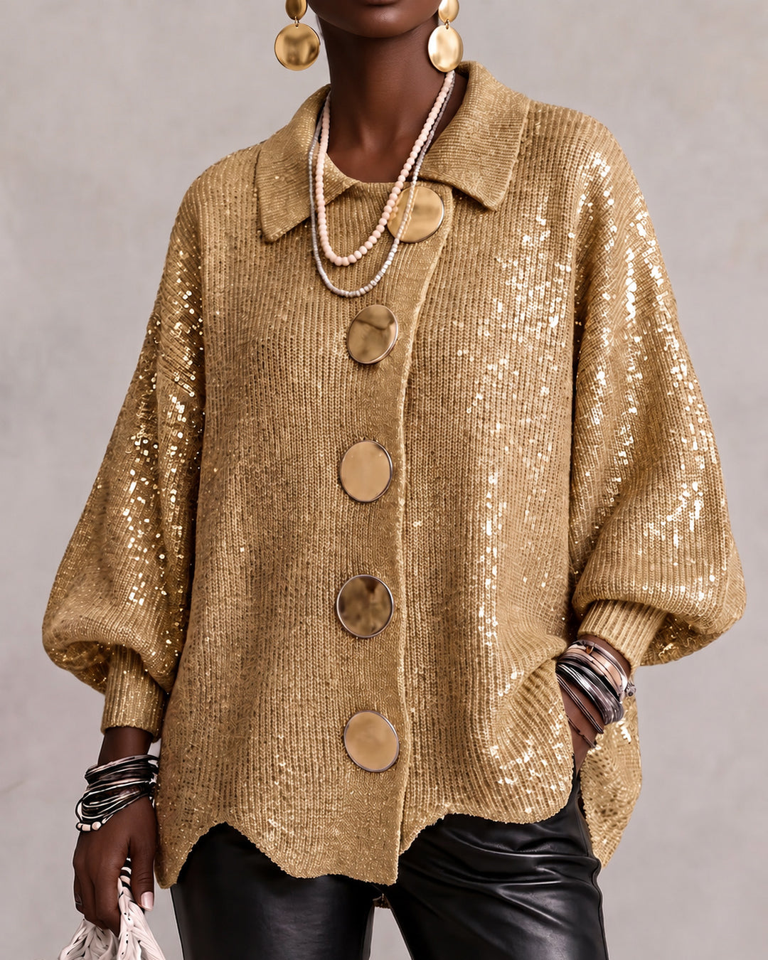 Women's Sequin Knit Lantern Sleeve Cardigan