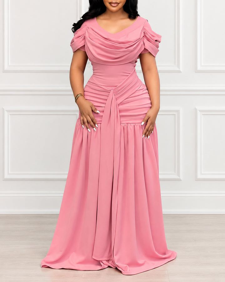 Draped V‑Neck Puff Short Sleeve Ruched Waist Tie Front Chiffon Formal Party Dress