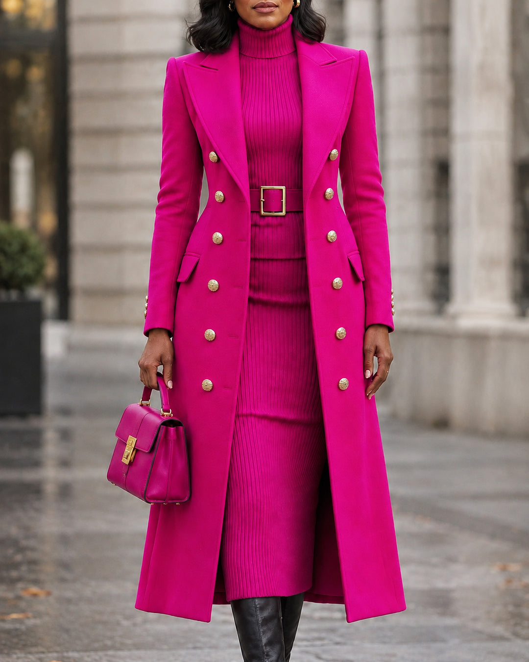 Women's Two-piece Set Double Breasted Wool Blend Maxi Coat+High-neck Knit Dress